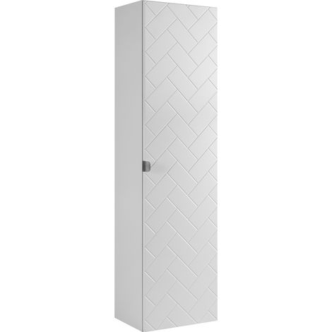 Furnidea - Meuble colonne suspendu de salle de bain MADIS BLANC 35 X 136 cm S - façades motif chevron, design moderne (1/5)