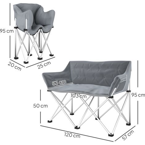 Chaise de camping pliante 2 places avec accoudoirs et poche latérale, charge maximale 240 kg, grise (1/5)