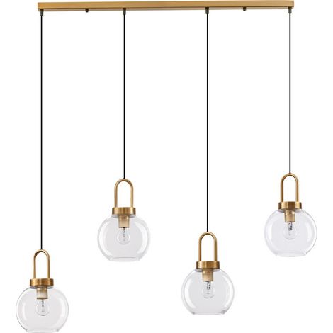 Merano Kansas Plafonnier suspendu 4 lumières verre transparent cordon noir laiton doré métal LED E27