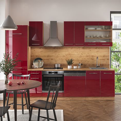 Cucina componibile Fame-Line, Bordeaux lucido/rovere dorato, 300 cm senza piano di lavoro, Vicco (1/5)
