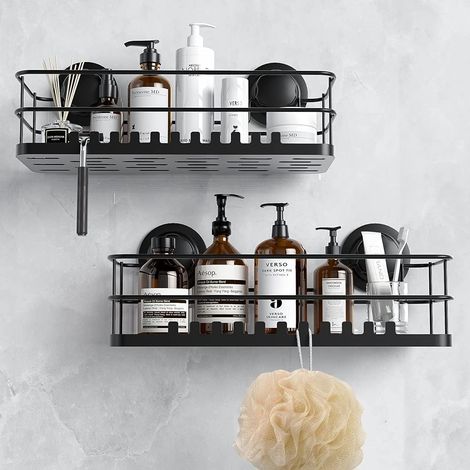 Etagère Douche, Serviteur de Douche Sans Perçage 2 Tablettes, Paniers Rangement d'Organisateur de Douche Mural Porte Savon Douche Acier Inoxydable pour Salle de Bain et Cuisine (1/5)