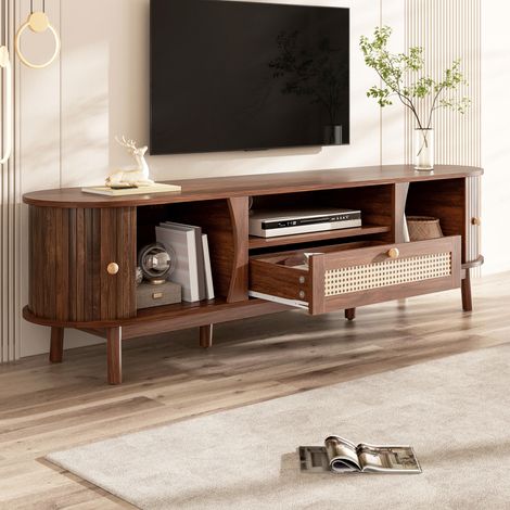 Meuble TV bas 165x37x46 cm en MDF, portes coulissantes, tiroirs en rotin tressé, rangement multimédia, pieds en bois, style campagne - Noyer (1/5)