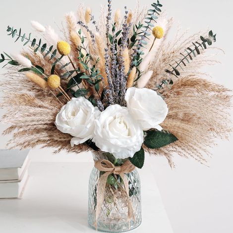 Centre De Table Faux Fleurs - Arrangement Floral Avec Vase En Verre - Décoration Pampas Pour Salon Salle À Manger - 1 Pièce (1/5)