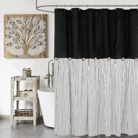 Farmhaus Rideau de douche en lin et coton avec boutons décoratifs, rayures noires, plissé, 180 x 180 cm (1/5)