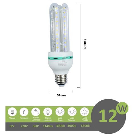 Lampadina led E27 12w 3U luce tubolare tubo attacco grande lineare bianca fredda naturale calda Naturale 4000k (1/2)