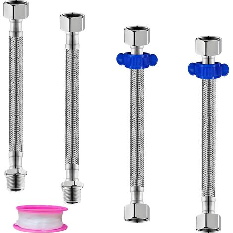 Lot de 4 tuyaux blindés en acier inoxydable 304, AG 3/8" X IG 1/2" et rallonge de tuyau flexible AG/IG 1/2", pour robinets, toilettes de salle de bain (argenté/20 cm) (1/5)