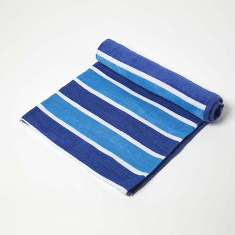 HOMESCAPESBlue Stripe 100% Recycled Cotton Beach Towel (1/5)