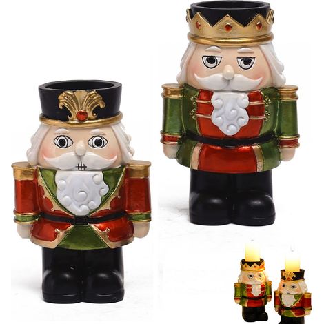 Juego de 2 portavelas Cascanueces, figuras navideñas de resina pintadas a mano, para la decoración de la mesa y la chimenea en Navidad [rojo/verde] (1/5)