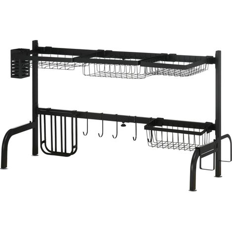 Zweistöckiger Abtropfkorb für Geschirr über der Spüle, modulares Trockengestell aus schwarzem Stahl, 93 x 30 x 52 cm