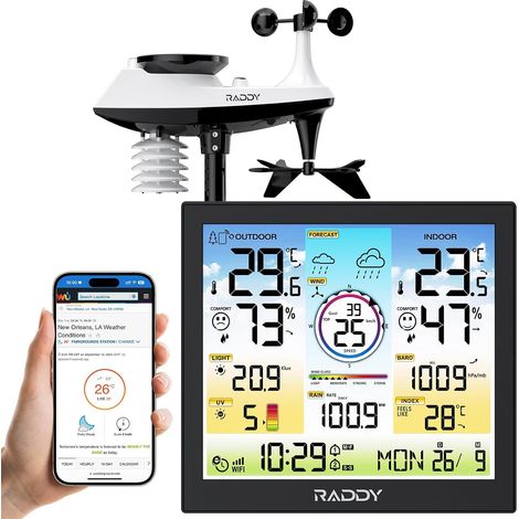 Raddy WF-120C Wi-Fi Station météo, Moniteur de température et d'humidité intérieur/extérieur avec capteur extérieur 7 en 1, Pluviomètre, Vitesse du vent, Prévisions météo, Indice UV (1/5)