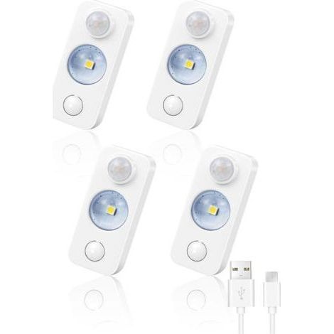 Lot de 4 lampes LED à détecteur de mouvement pour intérieur, lumières d'escalier rechargeables à intensité variable, 3 modes, veilleuse USB sans fil à coller pour armoire, placard, couloir, étagère (1/5)