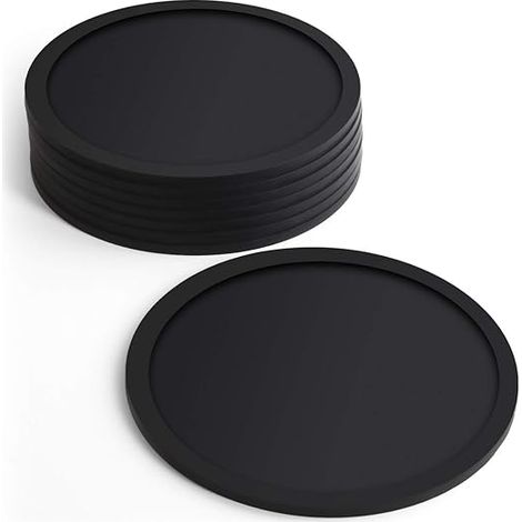 Lot de 8 sous-verres ronds en silicone noir, 10 cm, idéaux pour les verres à bière, les tasses à café, les tasses à thé et les bouteilles. (1/5)