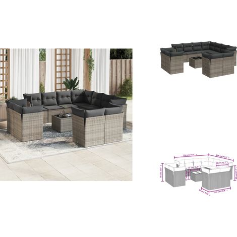 12-tlg. Garten-Sofagarnitur mit Kissen Grau Poly Rattan - Gartenmöbel - PE-Rattan Möbel - Outdoor Sofa Set - Lounge Set - Esstisch