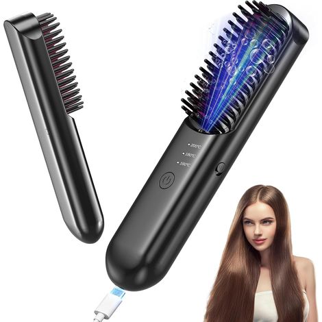 Cepillo alisador inalámbrico, recargable con iones negativos y 3 ajustes de temperatura, portátil, calentamiento rápido para mujeres y hombres, ideal para viajes y uso doméstico. (1/5)