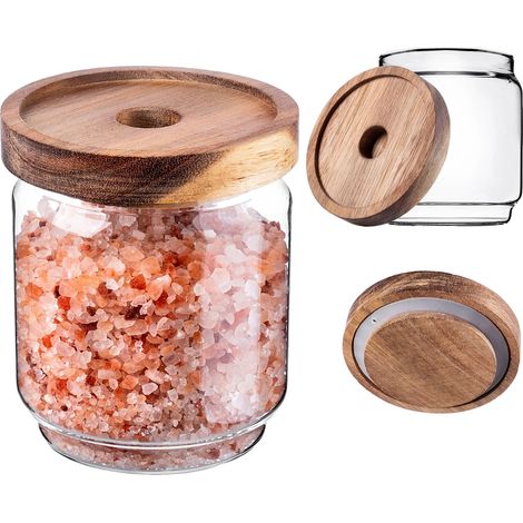 Recipiente para alimentos, vidrio borosilicato, capacidad de 450 ml, dimensiones 10 cm x 8 cm, tapa de madera con junta de silicona, versátil para líquidos y productos a granel. (1/5)