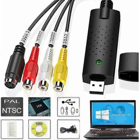 Boîtier d'acquisition vidéo, convertisseur VHS numérique USB 2.0 audio/vidéo, convertisseur VHS numérique, enregistreur de transfert de cassettes VHS C Hi8 vers DVD compatible avec Windows 10 Safari.