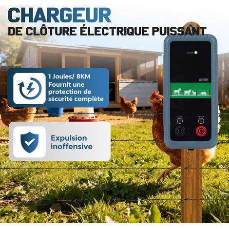 Electrisateur de Clôture Électrique 1 Joule 8 KM Berger Électrique Portable pour Animaux Volaille Chien Cochon 12V Énergie Solaire Batterie Secteur Clôture de Jardin Étanche