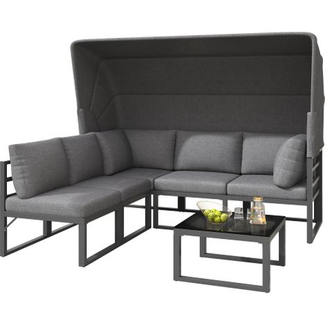 Ensemble transat de jardin 4 pièces, avec banquette table et auvent, tous coussins inclus, meuble extérieur design moderne pour terrasse et balcon
