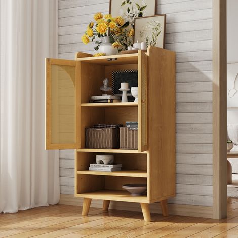 Aparador 60×40×121 cm, con dos puertas de ratán y dos estantes abiertos, color madera natural (1/5)