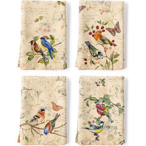 Torchons De Cuisine Coton Vaisselle Lot de 4, Serviettes de Cuisine Torchon Vaisselle 100% Coton avec Accroche Très Absorbant Serviettes de Bar 48 x 70CM Oiseaux Rétro (1/5)