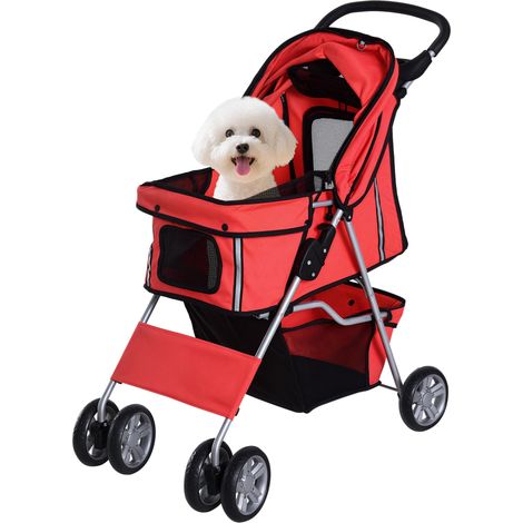 Petit chariot pour chien avec auvent ajustable, porte-gobelet et 2 roues universelles 75 x 45 x 97 cm rouges, panier de rangement