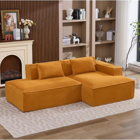Divano angolare in poliestere arancione scuro con seduta a molle insacchettate e 2 cuscini, 233x129x70 cm (1/5)