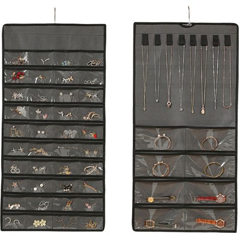 Organiseur Bijoux Suspension - Double Face avec 48 Pochettes Transparentes et 8 Crochets Métalliques - Pour Boucles D Oreilles Colliers Anneaux - 1 Pièce (1/5)