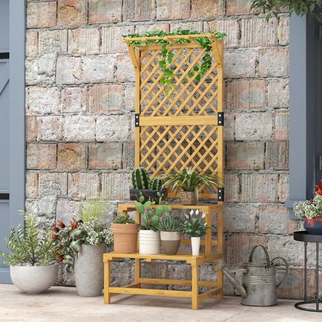 Étagère à plantes à 2 niveaux avec treillis, en bois jaune, 60 x 50 x 166 cm, pour jardin, balcon et terrasse, avec 2 tablettes et charge 30 kg, CHICFURN (1/5)
