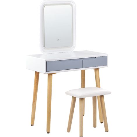 Tocador LED blanco gris madera clara 80 x 40 cm 2 cajones espejo patas madera Dieppe