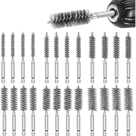 Ensemble de 24 brosses métalliques pour perceuse électrique, avec tige hexagonale de 6,35 mm (1/4 pouce) pour le nettoyage des tubes et tuyaux (8/10/1 pouce). (1/5)