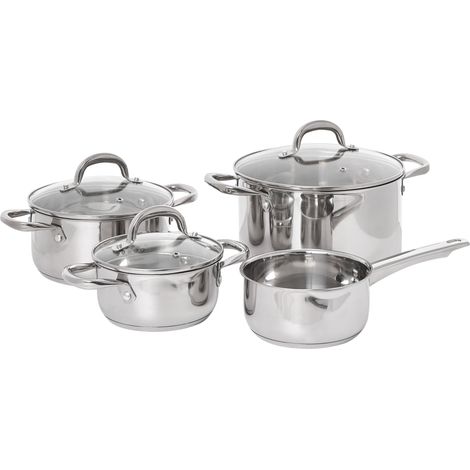 Conjunto de ollas de 7 piezas 4 ollas de acero inoxidable con tapas de vidrio plateado Primecook (1/5)