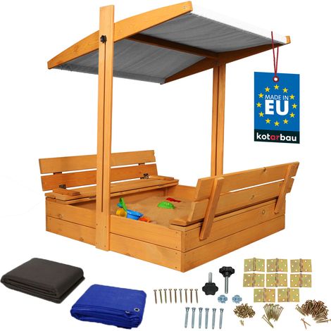 KOTARBAU® Großer Sandkasten aus Holz mit grauem Dach, imprägniert, geschlossen, mit Sitzbänken, braun, 100 x 100 cm