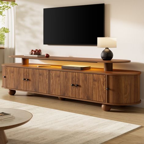 Meuble TV 180x40x48 cm ovale avec LED, portes coulissantes et rangement, MDF effet bois - noyer