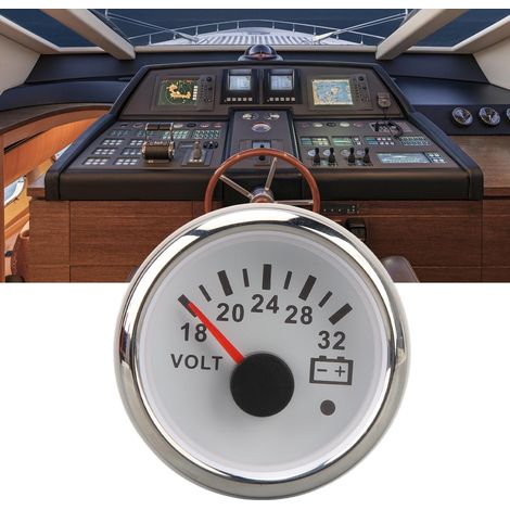 Analoges 52-mm-Voltmeter, DC 9–32 V/DC 18–32 V, mit siebenfarbiger Hintergrundbeleuchtung, ideal für Wohnmobile, Yachten, Fischerboote und Schiffe. Weißes Zifferblatt und silbernes Gehäuse (Art.-Nr.: (1/5)