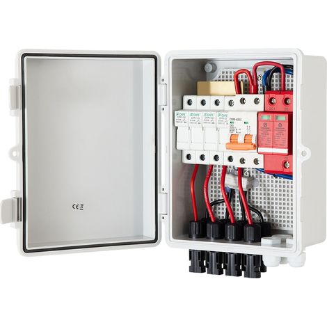 Boîte de jonction solaire 4 entrées, 15A fusibles, 63A disjoncteur, parafoudre, connecteurs solaires, IP65, 17x23x11cm, pour systèmes solaires en réseau ou autonomes. (1/5)