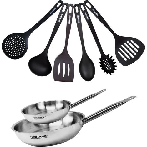 Set de 2 poêles 20 et 28 cm en inox et 6 ustensiles Fackelmann Eterna (1/5)