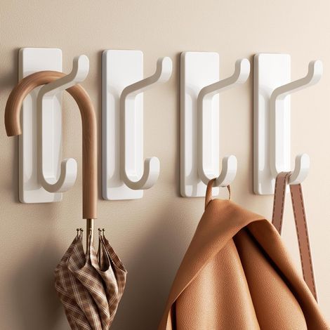 Gancho adhesivo de pared, toallero de baño, gancho para paños de cocina, perchero adhesivo, montaje en pared sin taladrar, impermeable, inoxidable, blanco, 4 piezas (1/5)