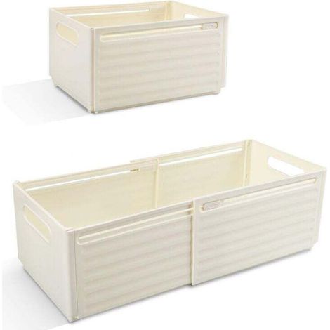 Lot de 2 Boite de Rangement Plastique Extensibles avec Poignée, Caisse Bac Eangement Pliable Cuisine, Chambre, Salle de Bain, Bureau (Blanc Cassé) (1/4)