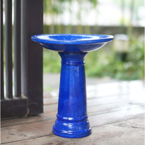 Bain d'oiseaux en céramique Ø 31,5 cm x H 38 cm, émaillé bleu, résistant au gel OKMYHOME (1/5)