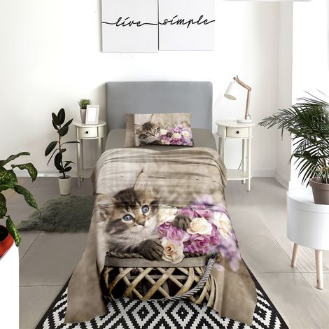 Completo Letto Lenzuola 100% Cotone Set Lenzuolo Moderno Sotto Sopra Federe Due Stampe In Altissima Definizione Dis66flowersKitten - Singolo