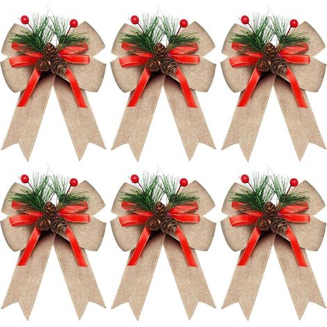 Bow - Buffalo Plaid - Polyester - Pine Cone Decor - Christmas Tree Wreath Decoration - 6 Pieces (1/5)