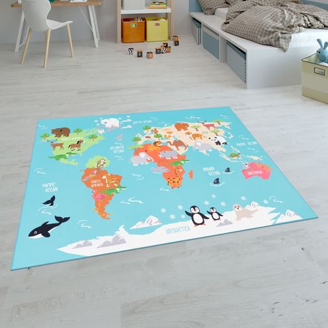 Paco Home Kinder-Teppiche, Kurzflor-Teppiche für Kinderzimmer mit vers. Designs Spielteppiche Bunt Türkis, 100x200 cm