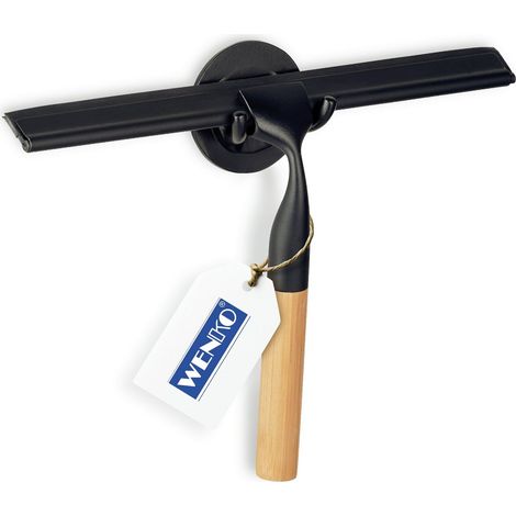 Raclette de Salle de Bain Bambusa, raclette de Douche, Fixation sans perçage adhésive, Lame en Caoutchouc, Acier INOX, Manche Bois Bambou, 24,3x17x3,5 cm, Noir, Marron (1/5)