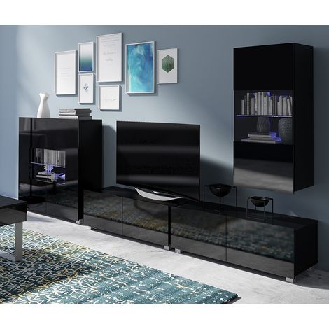 Wohnwand Set in schwarz Hochglanz mit LED Beleuchtung CAIRNS-132, B/H/T ca. 315/200/43 cm (1/5)