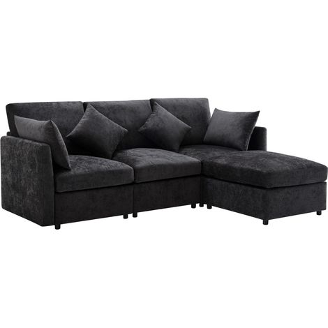 Sofá esquinero modular en L de chenilla gris con otomaná móvil y 4 cojines (1/5)