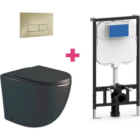Ensemble WC suspendu en céramique noir mat GENOVA avec réservoir et bouton de chasse d'eau Doré rectangulaire