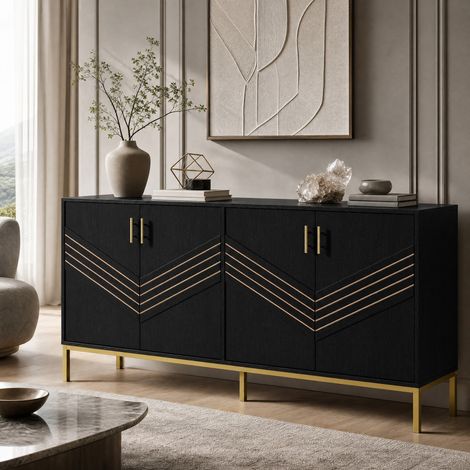 Buffet 4 portes 160 x 40 x 80,5 cm, MDF noir et bois HAVRYA (1/5)