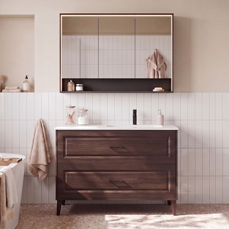 Ensemble meuble simple vasque encastrée droite 120cm et armoire miroir Moka Bois foncé (1/5)
