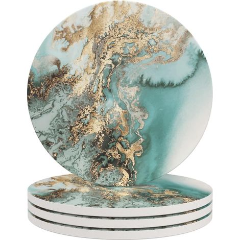 Ensemble de 4 sous-verres ronds, marbre bleu, en pierre absorbante avec une base en liège et céramique, décoratifs. (1/5)