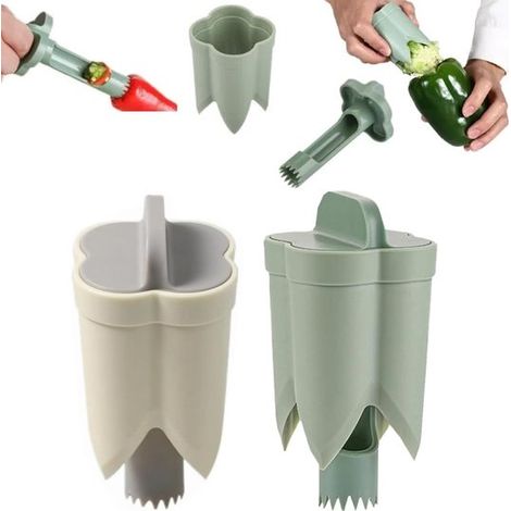 Taladro de semillas de pimiento de 2 piezas, Cortador de pimientos 2 en 1, Cortador rápido para quitar el corazón de los pimientos, Beige, verde (1/5)